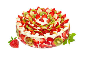 fruit cake with strawberries and kiwi fruit isolated on white