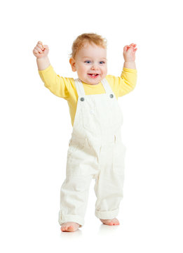 happy kid walking on white