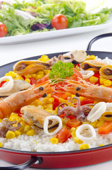 spanish paella with organic seafood
