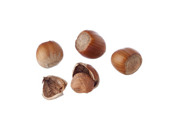 Closed and cracked hazelnuts isolated on white