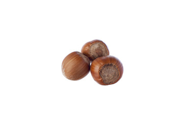 Three hazelnuts on white