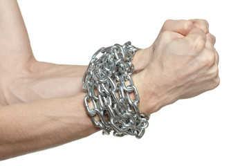 Man hands fettered with chain, slave symbol