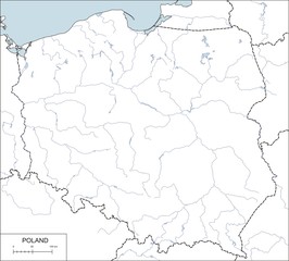 Contour map of Poland with rivers and lakes