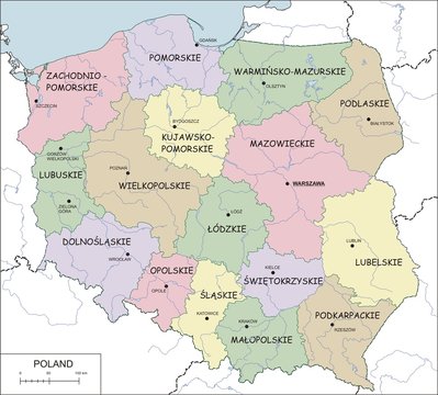 Fototapeta Contour map of Poland with voivodeships, rivers and lakes