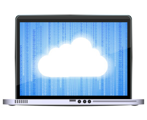 Vector laptop with cloud on binary background isolated on white