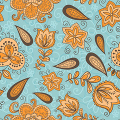 Fantasy floral seamless pattern with paisley elements