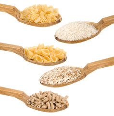 pasta and rice in wooden spoon isolated