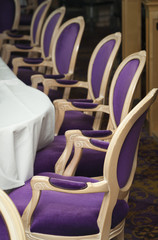 Luxurious Purple Chairs in Formal Dining Room.