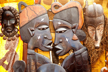 african handcraft wood carved profile faces