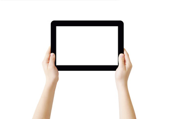 Hands holding Tablet PC, isolated, clipping path