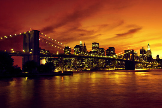 Brooklyn Bridge and Manhattan at sunset, New York