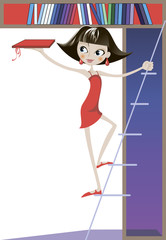 secretary, dressed in a red dress standing on the stairs