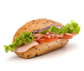 fast food baguette sandwich with lettuce, tomato, ham and chees
