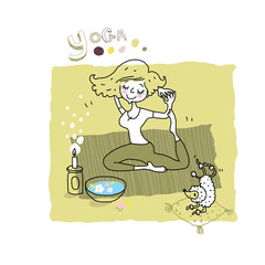 Woman and dog in suit practice yoga and relax.