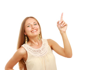 Portrait of a beautiful young woman showing something