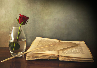 open old book, a rose in a vase and a feather - obrazy, fototapety, plakaty