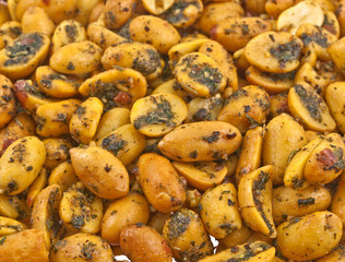 close up pile of fried spicy peanuts
