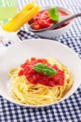 Spaghetti with Tomato Sauce on classical home table