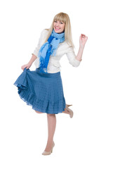 Emotional blonde with a scarf on a neck