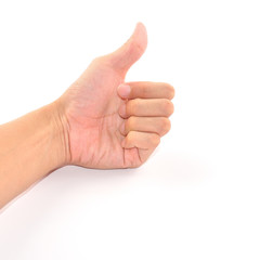 Male hand showing thumbs up sign isolated on white