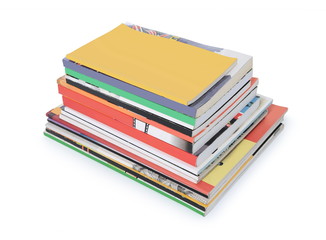 stacks of books and magazines with blank cover