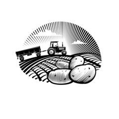 Obraz premium Potato against farm tractor in a field, engraving style