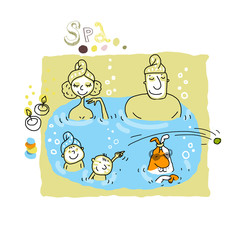 Happy Happy family with dog in jacuzzi.