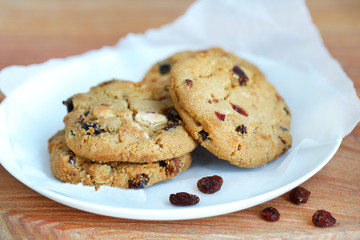 Freshly baked cookies with dried fruits and raisins