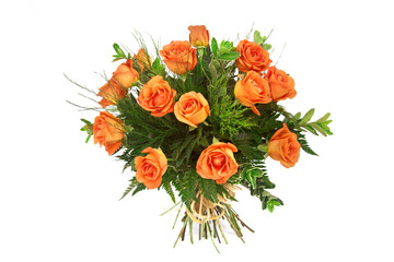 orange yellow roses bouquet in white background