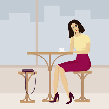 Vector image of young woman in cafe