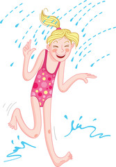 Smiling girl wearing a swimsuit jumps under the water drops.