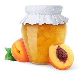 isolated fruit jam. Closed glass jar with jam and cut peach fruits isolated on white background