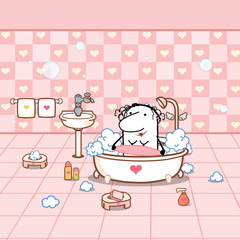 Frau im Badezimmer mit Dusche und Schaum