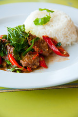 Hot rice with fried pork, onion, chili, vegetables and herbs