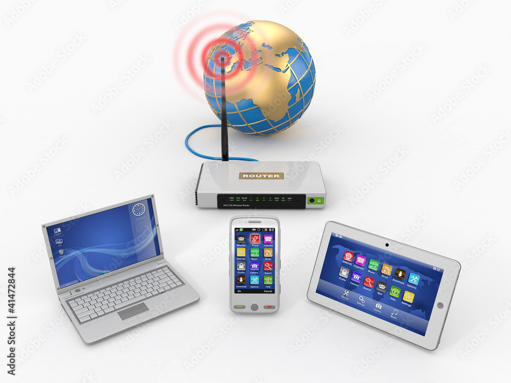 Poster home wifi network. internet via router on phone, laptop and tabl