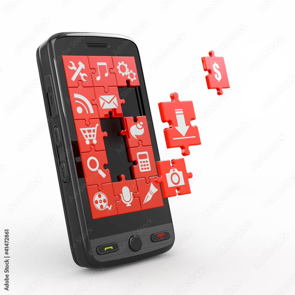 Poster mobile phone software. screen from puzzle with icons.