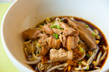 Asian cuisine, rice noodles in white bowl