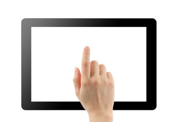 Hand with tablet pc frame isolated on white background