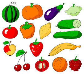 Vector fruits and vegetables collection on a white background