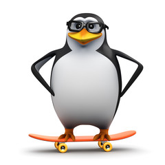 3d Penguin in glasses rides his skateboard