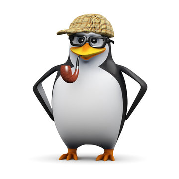 3d Penguin in glasses wears a Sherlock hat