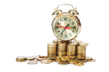 Alarm clock and money isolated on white background