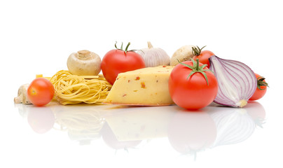 cheese, mushrooms, noodles and vegetables on a white background