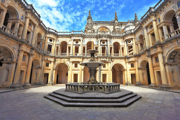 Beautifully preserved castle. In the center - a fountain