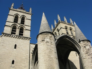 Cathédrale Saint-Pierre de Montpellier : une partie de la façade vue en contreplongée © Christophe Rubin