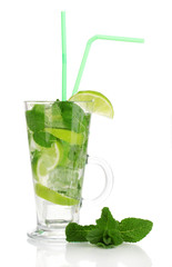 Glass of cocktail with lime and mint isolated on white