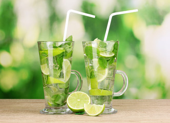 Glasses of cocktail with lime and mint