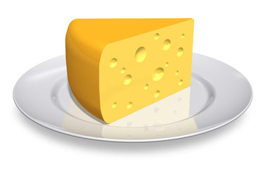 Piece of cheese on white porcelain plate