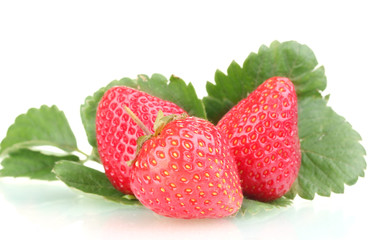 sweet strawberries with leaves isolated on white