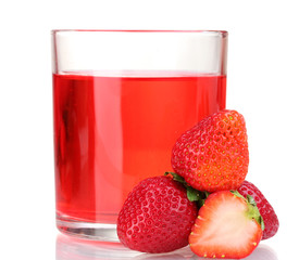 Fresh strawberry and juice glass isolated on white